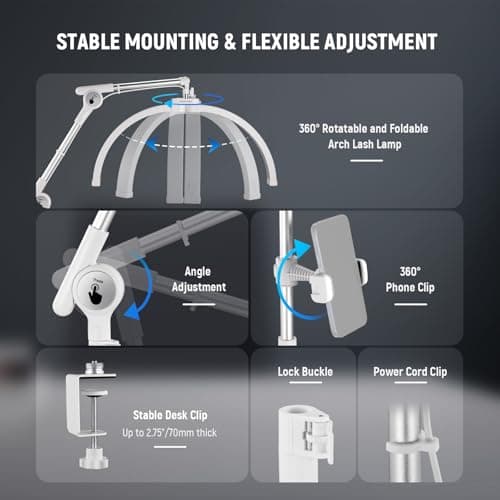 NEEWER Basics 22" Half Moon Lash Light with Articulating Desk Clamp Mount Stand/Phone Holder, 32W Foldable LED Nail Tech Table Arc Lamp for Makeup Beauty Tattoo Overhead Video Recording, HM03-D 6