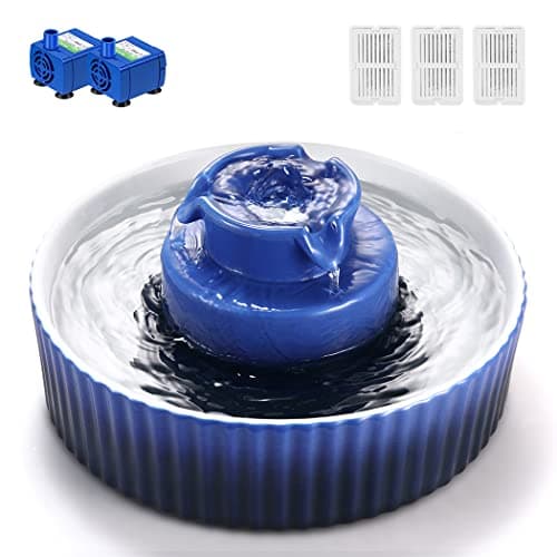 Ceramic Cat Water Fountain, 2.1L/71oz Pet Fountain for Dog and Cat, 3 Carbon Filters and 2 Pumps (Dark Blue)