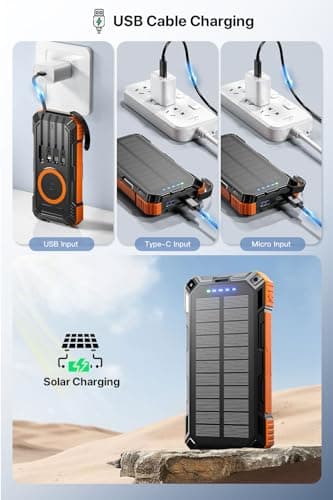 Solar Power Bank 49800mAh Wireless Portable Charger with USB-C 15W Fast Charging with 4 Built-in Cables LED Flashlight Battery Pack Compatible with iPhone, iPad, Smartphone,Perfect for Camping, Hiking 8