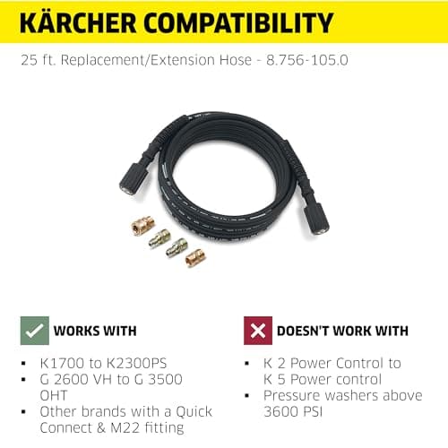 Kärcher 25' High Pressure Extension Hose for Pressure Washers up to 3600 PSI - with Adapters Included - Quick Connect or M22 Fitting 6