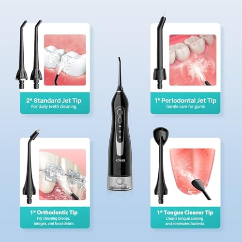 COSLUS Water Dental Flosser Teeth Pick C20(F5020E): Portable Cordless Oral Irrigator 300ML Rechargeable Travel Irrigation Cleaner IPX7 Waterproof Electric Flossing Machine for Teeth Cleaning 9