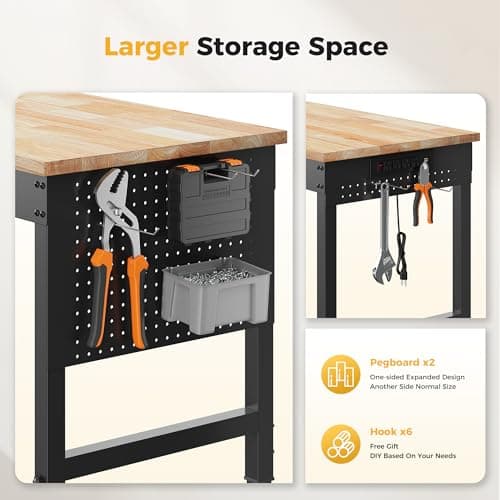 CAMMOO 60" Adjustable Heavy Duty Workbench, 2000 LBS Load Capacity Rubber Wood Work Table with Pegboard, Power Outlets, Work Bench for Garage, Workshop, Office, Home, Commercial 5