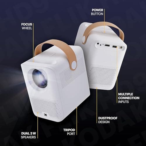 KODAK FLIK HD9 Smart Projector | Mini White Portable Indoor & Outdoor Movie with Android TV Streaming Apps, Wi-Fi and Bluetooth, Built-In Speakers & Voice Remote | FHD 1080p for Screens Up to 120” 5