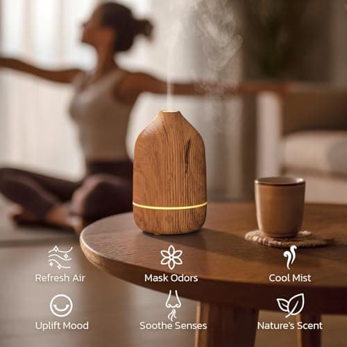 Essential Oil Diffuser, 100ml Aromatherapy Diffuser, Mini Ultrasonic Diffuser for Essential Oil, Home, Office, Cool Mist Humidifier with 7 Led Light, Auto Shut-Off, Wood Grain 5