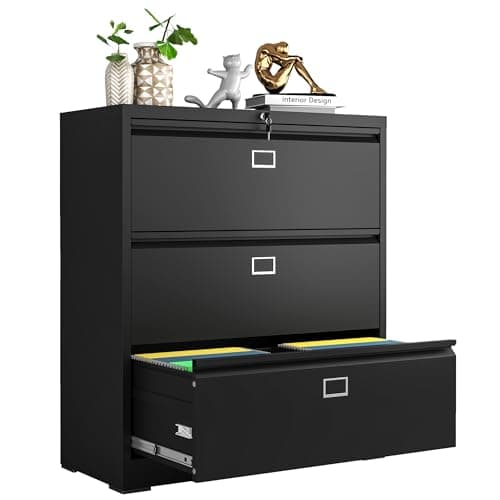 VIYET Lateral File Cabinet with Lock,3 Drawer Metal File Cabinets, Home Office Storage Cabinet for Hanging Files Letter/Legal/F4/A4 (Black)