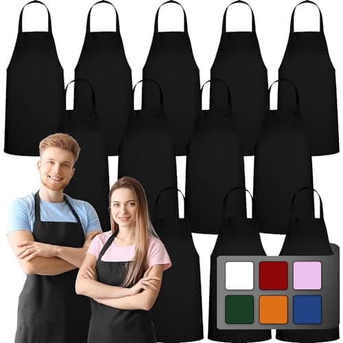 GREEN LIFESTYLE 12 Pack Bib Apron - Unisex Black Aprons, Machine Washable Aprons for Men and Women, Kitchen Cooking BBQ Bulk (Pack of 12, No Pockets, Black)