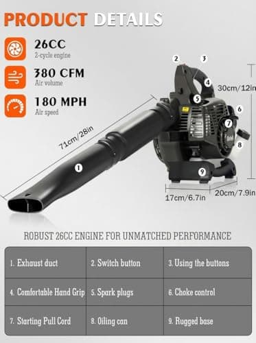 Getell Handheld Gas Leaf Blower – 26cc 2-Cycle Engine, 180 MPH, 380 CFM – Gas Powered Blower for Lawn Care, Leaf Cleanup, Driveways, and Light Snow Removal (Black) 5