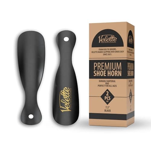 Velette Metal Shoehorn - 2 Pack 7.5" Long Shoe Horn, Travel Shoe Horn for Kids, Men & Women - Stainless Steel Shoes Helper, Spoon, Travel Size Shoehorn for Boots, Shoes, Sneakers & Heels - Black