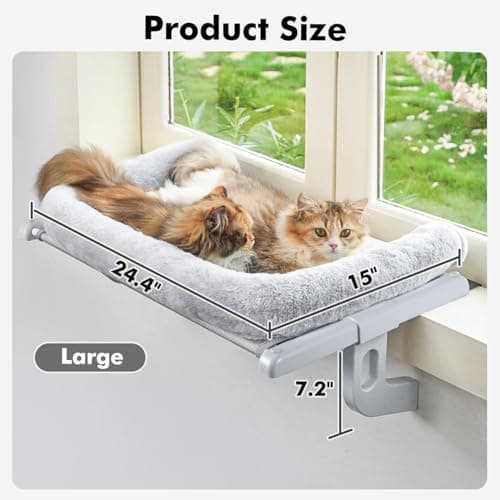 Zoratoo Cat Window Sill Perch with Large Bolster, Easy to Adjust & Assemble Cat Window Seat for Windowsill & Bedside, Pet Hammock Bed for Large Cats and Kittens (Grey, L) 5