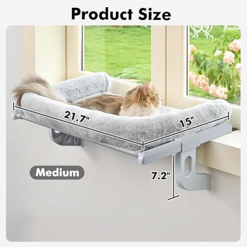 Zoratoo Cat Window Sill Perch with Large Bolster, Easy to Adjust & Assemble Cat Window Seat for Windowsill & Bedside, Pet Hammock Bed for Large Cats and Kittens (Grey, M) 5