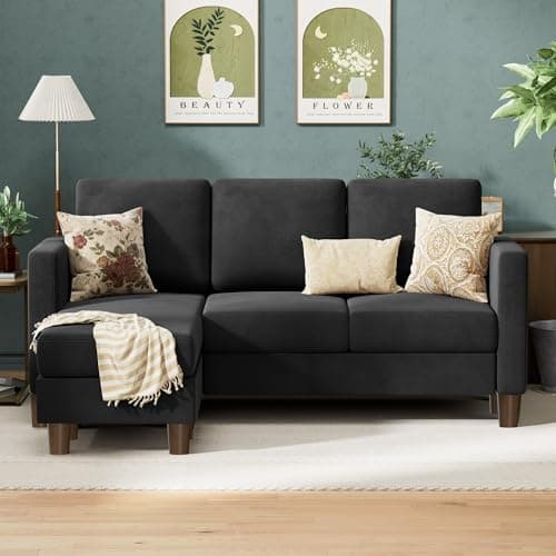 VICTONE Sectional Sofa Couch, 3 seat L-Shaped Small Sofa with Movable Ottoman Couch for Small Apartments, Living Rooms and Offices (Linen Fabric, Deep Grey)