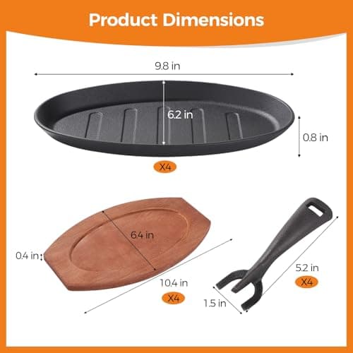 Toyosport 4 Sets Cast Iron Skillet with Wooden Tray, Fajita Skillet with Removable Handle, Oval Sizzling Plate for BBQ, Oven, Stove, Serving Dish for Restaurant, Kitchen, Party Use 5