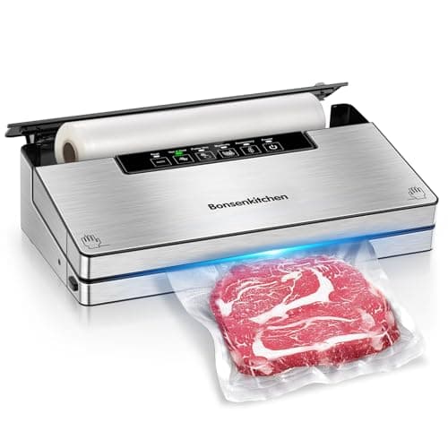 Bonsenkitchen Vacuum Sealer Machine, Stainless Steel Food Sealer with 8-in-1 System, 6 Modes, Built-in Cutter & Bag Storage, Complete Starter Kit, Bright Silver