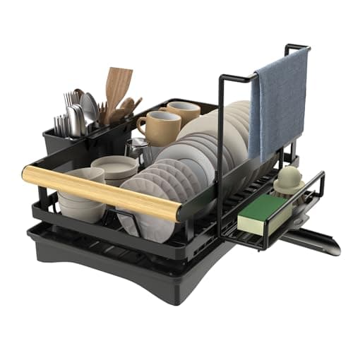 Yawinhe Dish Racks for Kitchen Counter, Space-Saving Drainers with Removable Utensil Holder, Drainboard and Spout, for Knives, Spoons, and Forks, Black