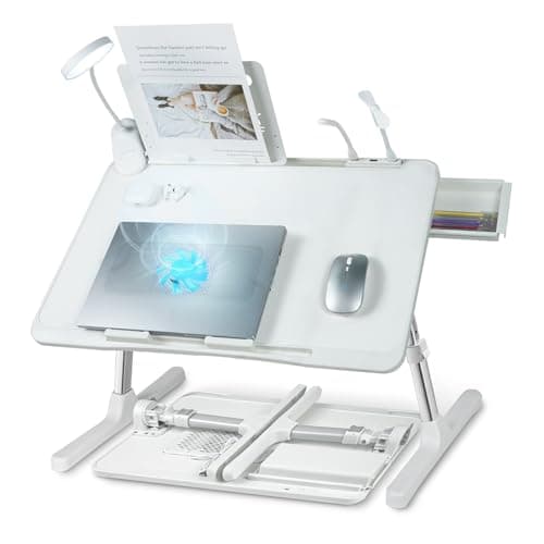 iXTRA Laptop Lap Desk with Cooling Fan - Adjustable with Light, USB, Storage Drawer - Folding Bed Desk,22.04"*12.59",White