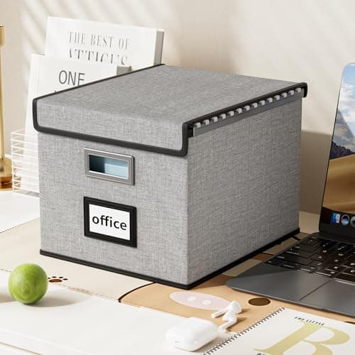 Huolewa Upgraded Portable File Organizer Box with Lid, Collapsible Linen Hanging Filing Storage Boxes with Plastic Slides, Decorative Home/Office Filing System Box for File and Folders Storage (Gray) 5