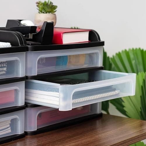 IRIS USA Plastic Desk Top 3-Drawer Storage Organizer with Paper Tray Top, 1-Pack, for Makeup Vanity Nail Polish Bathroom Stationery Art Craft Supplies Kitchen Office Garage Organization, Medium, Black 8