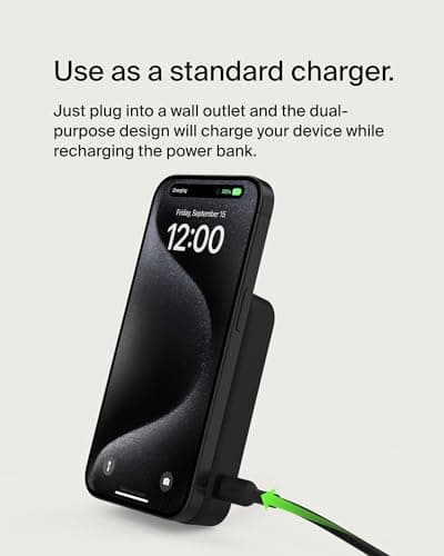 Belkin Portable Charger, Wireless Power Bank 15W 10000 mAh w/ Qi2, MagSafe Charger + Built-in Pop-up Kickstand - iPhone 17, Air, Pro, Pro Max, AirPods, Apple Watch, Google Pixel 10, etc. - Black 10