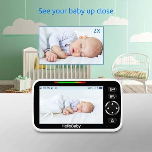HelloBaby Upgrade 5’’ Baby Monitor with 30-Hour Battery, 2 Cameras Pan-Tilt-Zoom, 1000ft Range Video Audio Baby Monitor No WiFi, VOX, Night Vision, 2-Way Talk, 8 Lullabies and Temperature 8