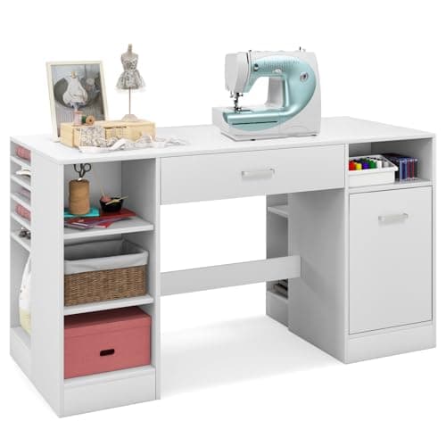 COSTWAY 53” Artwork Sewing Craft Table, Sewing Machine Cabinet w/Drawers & Open Storage Shelves, Modern Computer Desk Workstation, Multipurpose Counter Height Sewing Station for Home Office, White