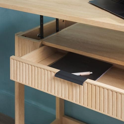 WALKER EDISON Transitional Style Furniture, Reeded Detail, Lift-Top Desk with Drawer and Storage Cubby, Sitting to Standing Desk, Soft Self-Close Desktop, 38”W x 16.75”D x 30”H, Coastal Oak 7