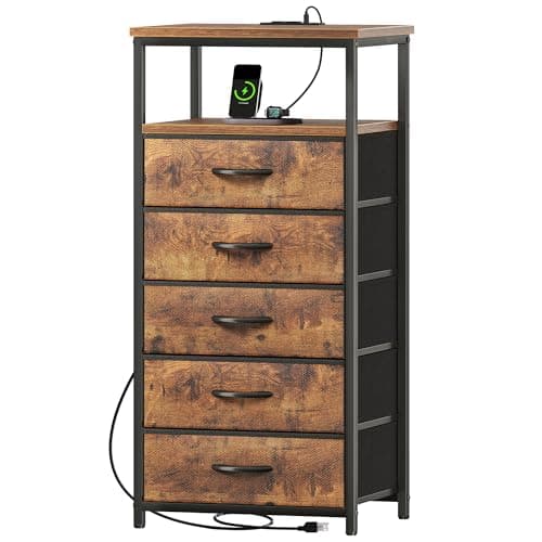 Huuger 5 Drawers Dresser with Charging Station, Dresser for Bedroom, Tall Night Stand, Chest of Drawers with Open Shelf, Bedside Table Nightstand, Fabric, for Entryway, Rustic Brown