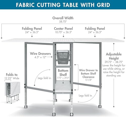 Sew Ready Foldable Hobby and Cutting Grid Table - 58.75" W x 36.5" D White Arts and Crafts Table with Grid Top and Silver Storage Drawers 4