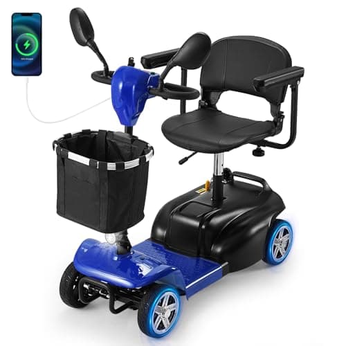 30 Miles 4 Wheel Battery Powered Electric Mobility Scooter - Electric Transportation Wheelchair - Compact Heavy Duty Mobility for Travel, Adults and Seniors Includes Basket and Charger (Blue-Upgrade)