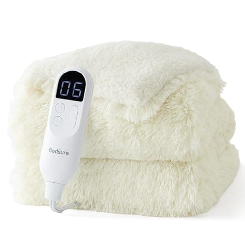 Bedsure Faux Fur Heated Blanket Throw Blanket, Fast Heating Fluffy Electric Blanket, Heated Throw with 4 Time Settings & 6 Heating Settings, Cozy Gifts for Women Men(50x60 inches, Cream)