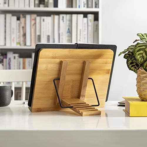 wishacc Bamboo Book Stand, Adjustable Book Holder Tray and Page Paper Clips-Cookbook Reading Desk Portable Stable Hard-Wearing Lightweight Bookstand-Textbooks Books 5