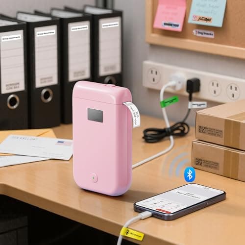 Label Maker Machine with Tape, Label Makers with Multiple Templates, Mini Label Maker Widely Used in Home Office School Organization, Bluetooth Label Printer Easy to Use for Small Labels, Pink 7
