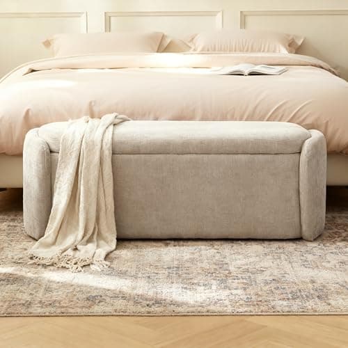 VKNOW 46" Oval Storage Ottoman Bench, Upholstered End of Bed Bench Ottomans Bench Foot Rest, Sherpa Storage Bench for Bedroom, Living Room and Hallway, Light Brown 6