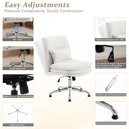 VINGLI Cloud Criss Cross Leggedchair, 18" High Back Armless HomeOffice Deskchair, Wide Adjustable Comfy PaddedSeat Task Computerchair, Modern Swivel Makeup Vanity Chair, Fabric, Beige 6