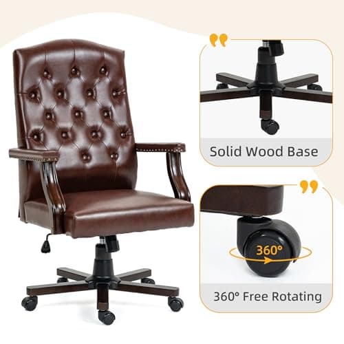 ECOTOUGE High Back Computer Chair with Upholstered Backrest Vinage Farmhouse Retro Style, Faux Leather Wing Back Swivel Seating for Boss Home, Brown 6