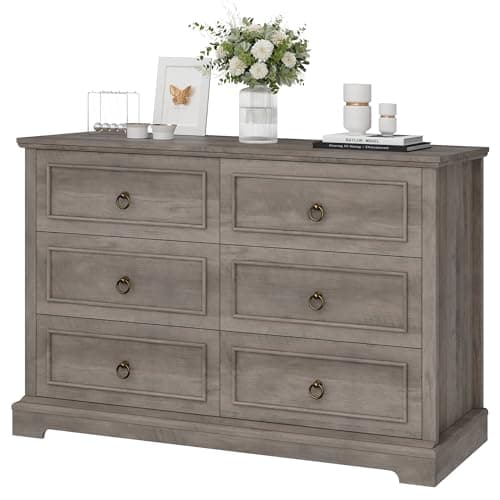 HOSTACK 6 Drawer Dresser for Bedroom, Modern Farmhouse Chest of Drawers, 47.2" Wide Wood Double Dresser, Rustic Brown Storage Cabinet for Living Room, Entryway, Hallway, Ash Grey