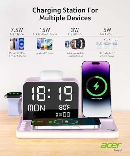 Acer 7-in-1 Wireless Charging Station with LED Clock - 30W Fast Wireless Charger for iPhone 16/15/14/13/12/Pro Max, Apple Watch, AirPods - Bluetooth Auto Time Sync & Night Lights (Purple) 5