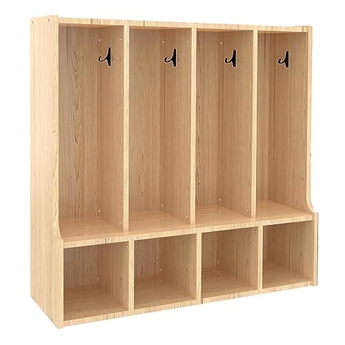 TONGMO Kid's Coat Locker with Bench - 4-Section Toddler-Sized Natural Kids Furniture for Organized Storage (4-Section)