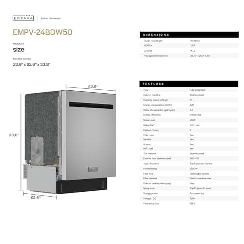 Empava 24” Built-in Dishwasher with Stainless Steel Tub, 15 Place Settings, 8 Wash Cycles, 3rd Racks, Auto Door Dry, 49 dB Quiet, ENERGY STAR Certified 5