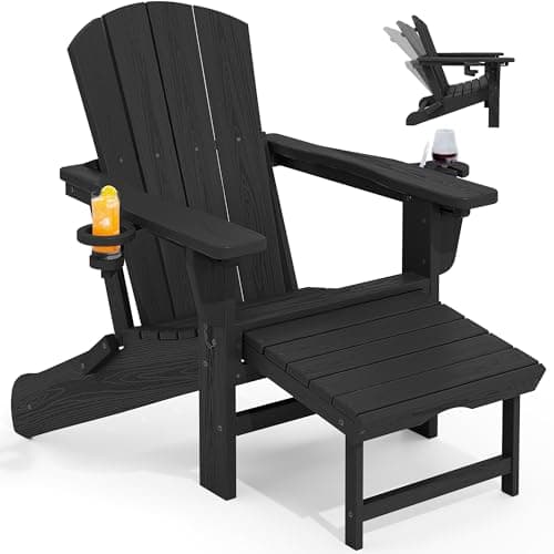 KINGYES Folding Adjustable Adirondack Chair with Retractable Ottoman, HDPE Recliner Adirondack Chair with Cup Holder, Black