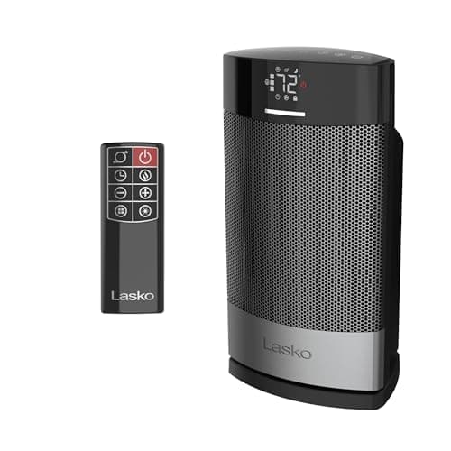 Lasko Ellipse Ceramic Tabletop Heater for Home with Tip-Over Switch, Child Lock, Digital Display, Thermostat, AutoECO Mode, Wide Oscillation, Remote, For Bedroom, Office, Den, 1500W, Black, CD12950