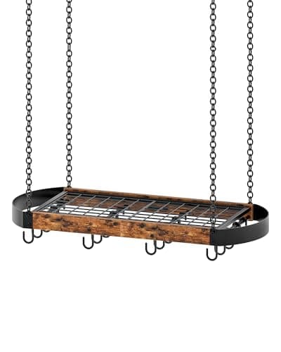 CHOEZON 31.7-Inch Hanging Pot Rack, Space-Saving Pot Hanger for Kitchen, Ceiling Pan Hanging Rack with 16 Detachable S Hooks, Sturdy Metal Frame, Industrial Style, Rustic Brown and Black TPR09BF 8