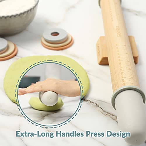 Geesta Adjustable Wood Rolling Pin with 5 Thickness Rings, Precise Dough Roller Handle Press Design with Measurement Guide for Fondant, Pizza, Pie Crust, Cookie, Pastry Baking Decorating Accessories 5