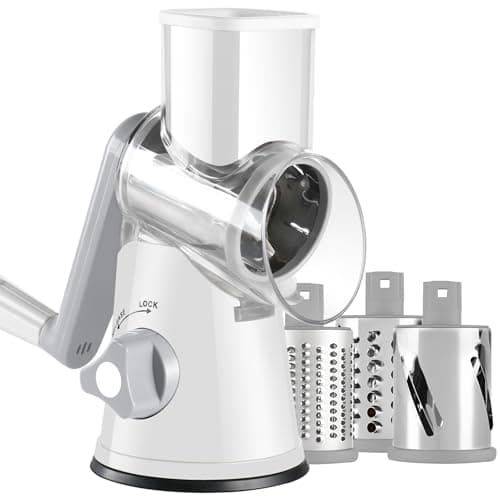 Ancevsk Rotary Cheese Grater with Handle, Kitchen Speed Hand Crank Vegetable Slicer, Potato Hash Brown Shredder Spinning Nut Grinder with 3 Replaceable Stainless Steel Drum Blades (White)