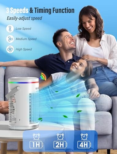 Portable Air Conditioners Fan, 3 Speeds Evaporative Mini Air Conditioner with 7 Colors Light,1400ml Personal Air Conditioner, Portable AC Air Cooler with Humidifier for Room Bedroom Office Desk 7