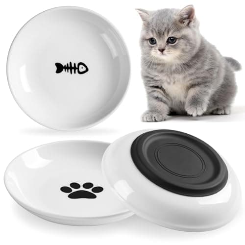 WROSWT Cat Food Bowl,Healthy Ceramic Cat Bowls for Indoor Cats,Anti Whisker Fatigue Cats Dishes Set,Shallow Wide Kitten Plates for Food and Water,Non-Slip Silicone Bottom,3 Pack