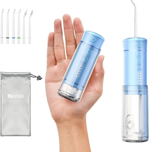 Bezvoi Water Flosser Mini Cordless Portable: 5 Modes Travel Water Dental Floss with Telescopic Water Tank, IPX7 Waterproof Oral Irrigator for Teeth Cleaning Gums,Orthodontic,Braces Care (Sky Blue)