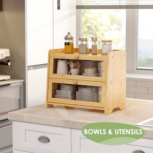 JANSNIMEN Double Layer Bread Box for Kitchen Countertop, Large Breadbox Bread Container Storage with Acrylic Door, Wooden Farmhouse Bread Holder (Bamboo, Medim-15.7" L x 9.5" W x 13" H) 6