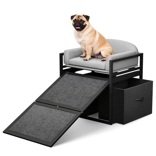 Clioran Non Slip Dog Ramp with Seat & Storage Drawers,Extra Wide Doggie Stairs,Metal Frame Puppy Chair for High Bed Couch Office,Dachshunds Ladder,Washable Cushion Pet Step for Small Old Pets Grey