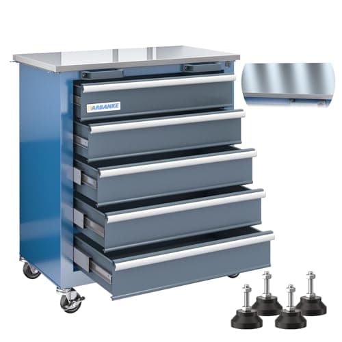 LARBANKE 5-Drawer Rolling Tool Chest with Stainless CounterTop,Tool Chest with Keyed Locking System, with Wheels and Foot Pads,Rolling Tool Cabinet with Drawer Liners,Unique Link Buckle for Connecting