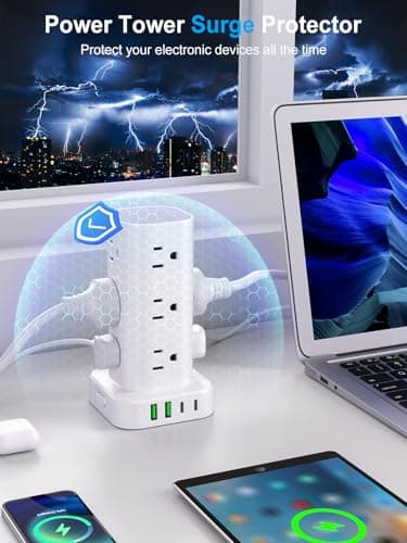 Power Strip Tower with Multiple Outlets, Flat Plug Surge Protector Tower Extension Cord with 12 AC Outlets 4 USB Ports (2 USB C), 6FT Cord Power Tower Surge Protector for Home Office Dorm Room, White 5